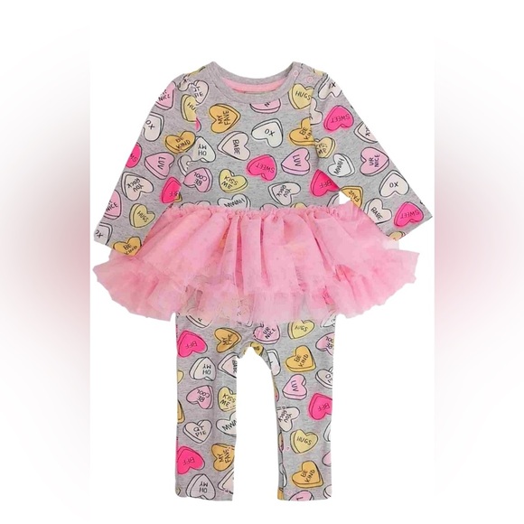 Cat & Jack Other - Cat & Jack Valentines Outfit Jumpsuit Hearts Ruffles Tutu Skirt Baby Girl 3-6M